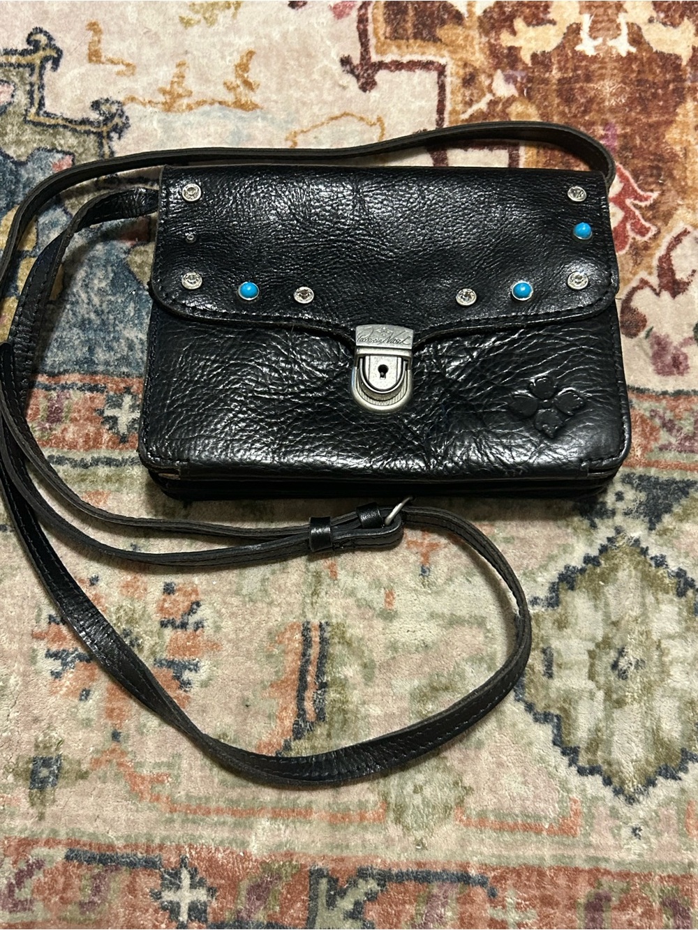 Patricia Nash Bianco black leather studded shoulder crossbody w built in wallet